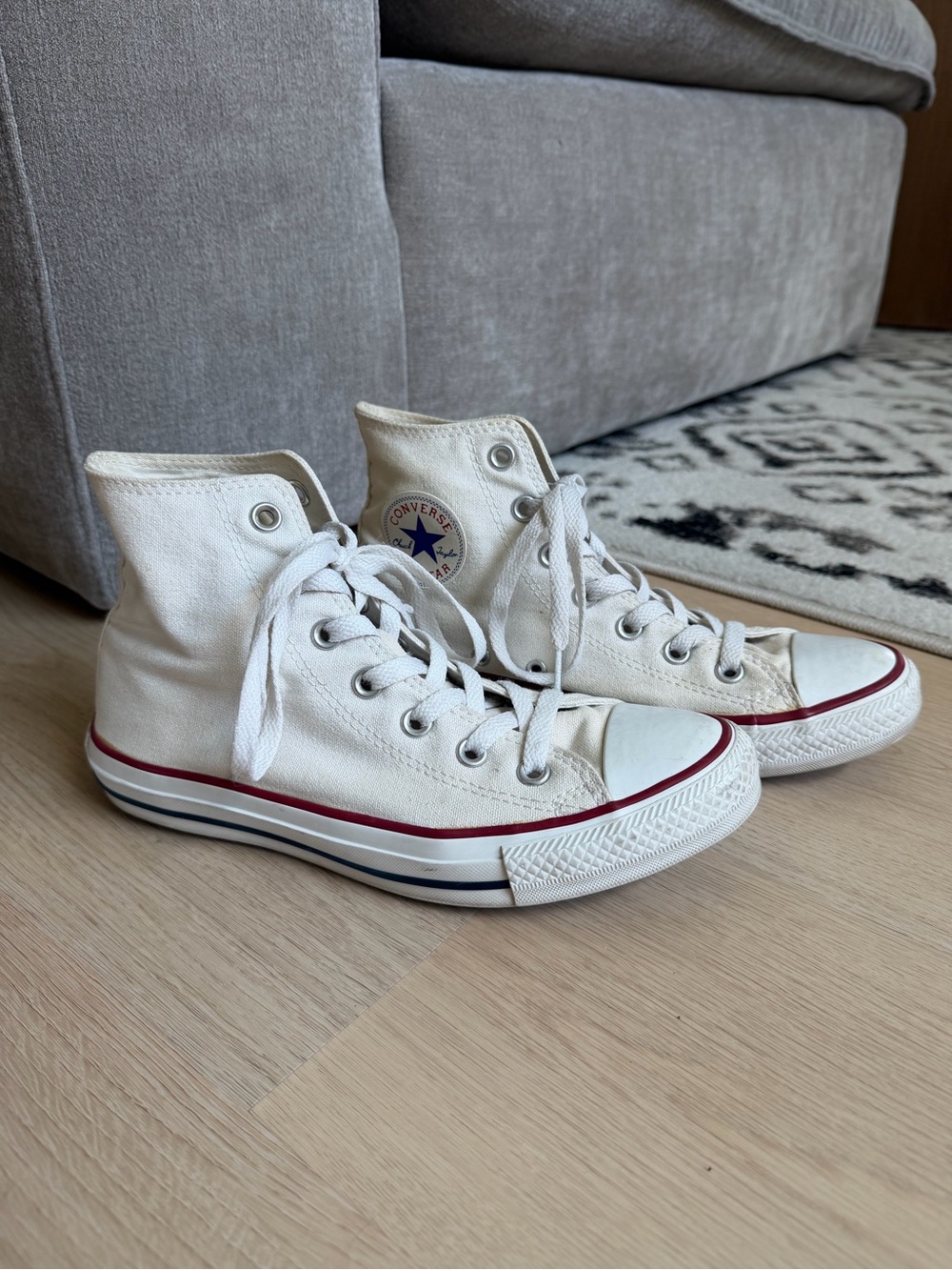 Converse White High-Top Canvas Sneakers with Red & Blue Stripe